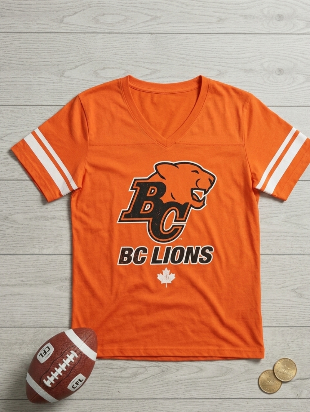 Soga Sports BC Lions CFL Jersey Style V-Neck Graphic T-Shirt Orange Size XL